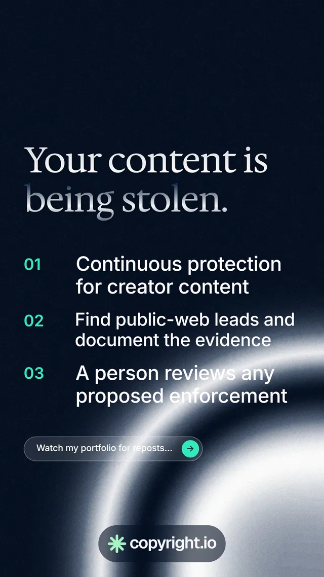 Instagram story for copyright.io: "Your content is being stolen." Agentic glass style, numbered layout, dark palette in black, grey, blue.
