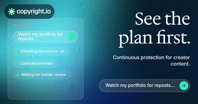 Social ad for copyright.io: "See the plan first." Agentic glass style, right layout, dark palette in black, blue, teal.