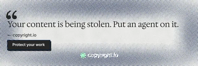 X header for copyright.io: "Continuous protection for creators." Brutalist style, quote layout, light palette in grey, white.