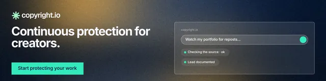 LinkedIn banner for copyright.io: "Continuous protection for creators." Swiss style, bottom layout, dark palette in black, grey, blue.