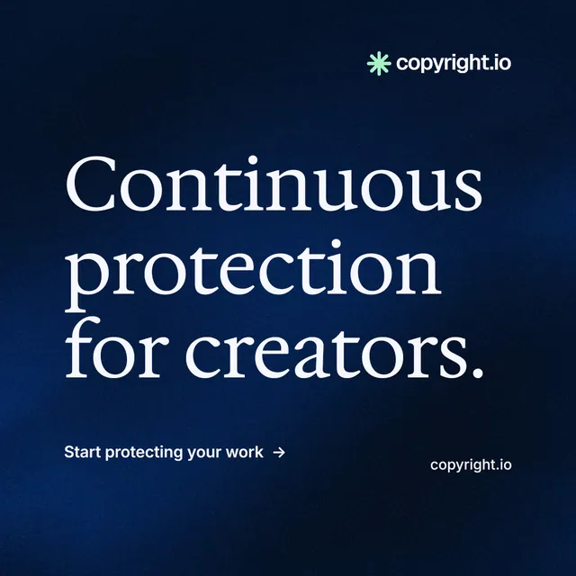 Instagram post for copyright.io: "Continuous protection for creators." Minimal luxury style, poster layout, dark palette in blue, black.