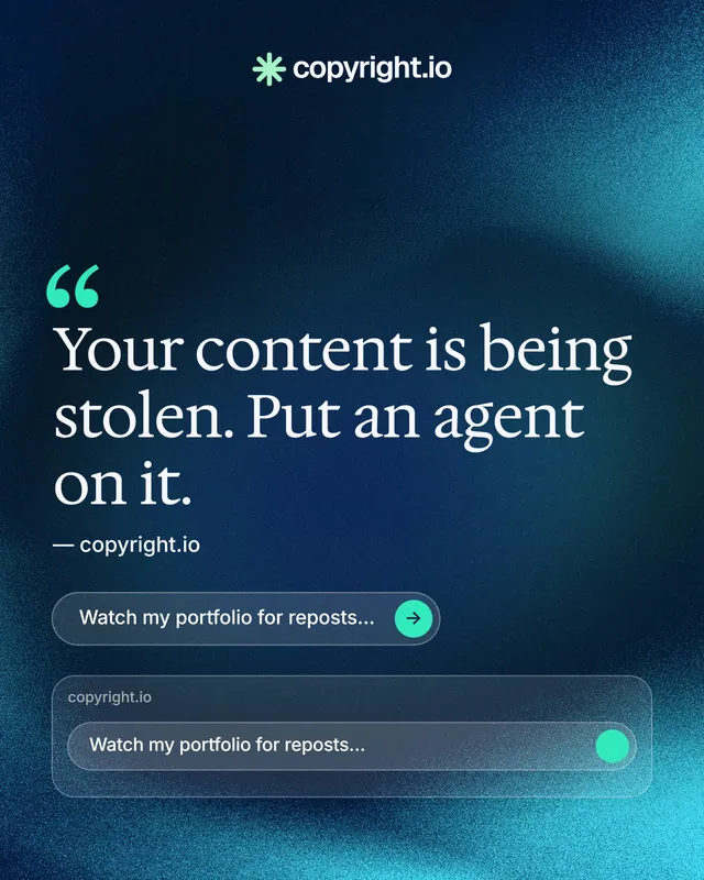 Instagram portrait post for copyright.io: "Find your reposted work." Agentic glass style, quote layout, dark palette in blue, black, teal.