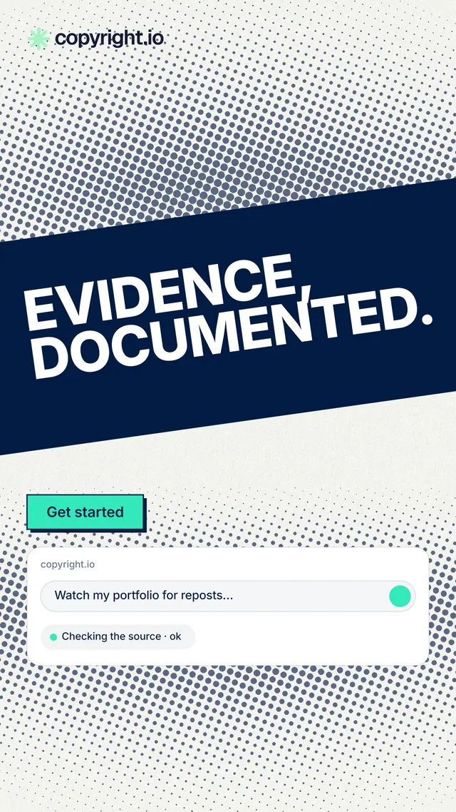 Instagram story for copyright.io: "Evidence, documented." Brutalist style, diagonal layout, light palette in grey, white, blue.