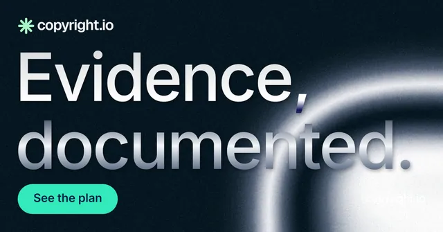 Social ad for copyright.io: "Evidence, documented." Y2K style, poster layout, dark palette in black, teal, blue.