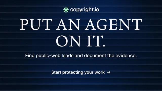 Landscape graphic for copyright.io: "Put an agent on it." Minimal luxury style, centred layout, dark palette in black, blue, grey.