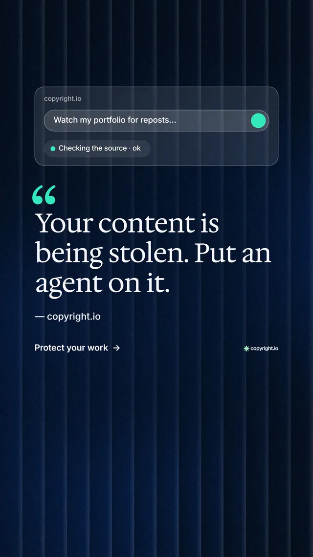 Instagram story for copyright.io: "Find your reposted work." Minimal luxury style, quote layout, dark palette in black, blue.