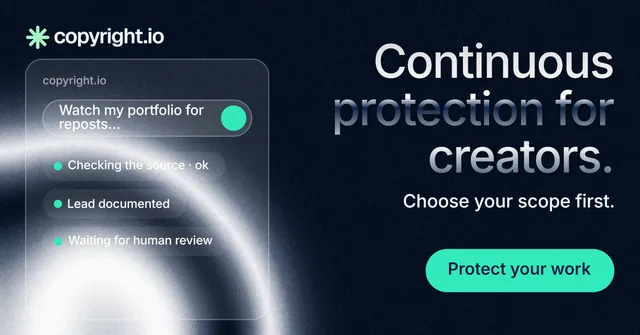Social ad for copyright.io: "Continuous protection for creators." Y2K style, right layout, dark palette in black, teal, blue.