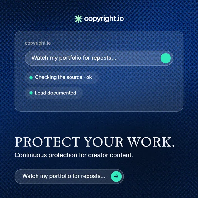 Instagram post for copyright.io: "Protect your work." Agentic glass style, bottom layout, dark palette in black, blue.