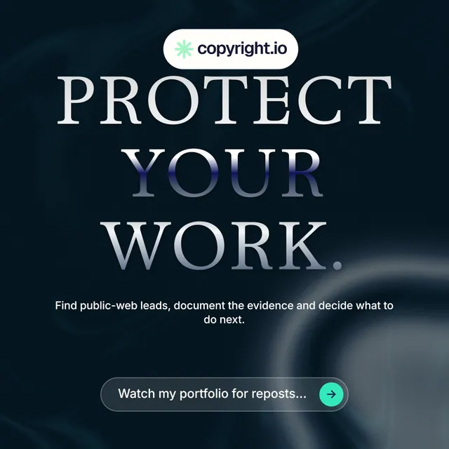 Instagram post for copyright.io: "Protect your work." Agentic glass style, centred layout, dark palette in black, grey.