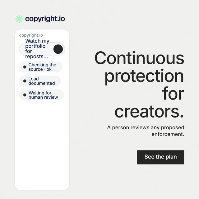 Instagram post for copyright.io: "Continuous protection for creators." Swiss style, right layout, light palette in white, grey.
