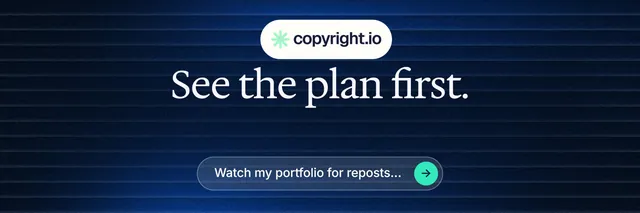 X header for copyright.io: "See the plan first." Agentic glass style, centred layout, dark palette in black, blue, grey.