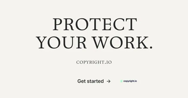 Social ad for copyright.io: "Protect your work." Minimal luxury style, smallcaps layout, light palette in white, grey.