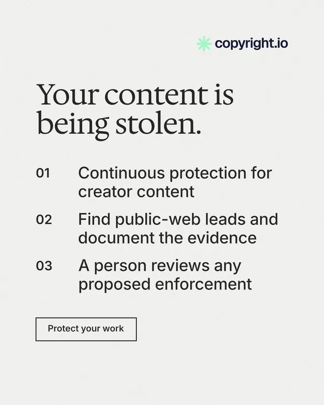 Instagram portrait post for copyright.io: "Your content is being stolen." Editorial style, numbered layout, light palette in white, grey, green.