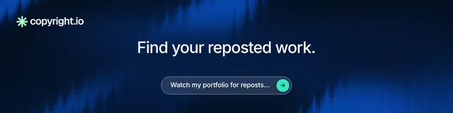LinkedIn banner for copyright.io: "Find your reposted work." Agentic glass style, centred layout, dark palette in black, blue.