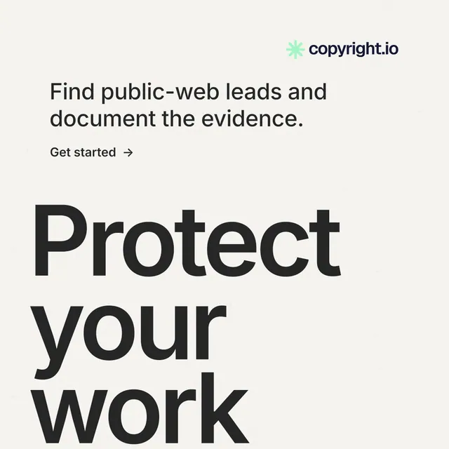 Instagram post for copyright.io: "See the plan first." Minimal luxury style, oversized layout, light palette in white, grey, green.
