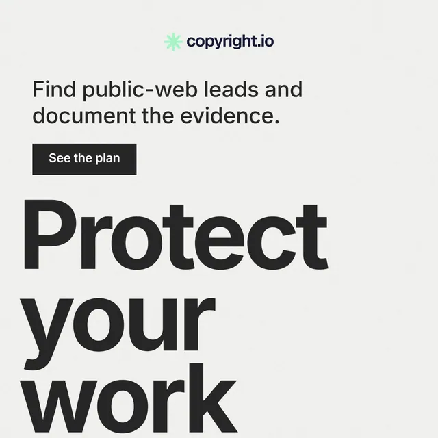 Instagram post for copyright.io: "Reposts don't remove themselves." Swiss style, oversized layout, light palette in white, grey.