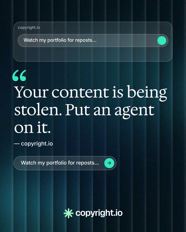 Instagram portrait post for copyright.io: "Your content is being stolen." Agentic glass style, quote layout, dark palette in blue, black.