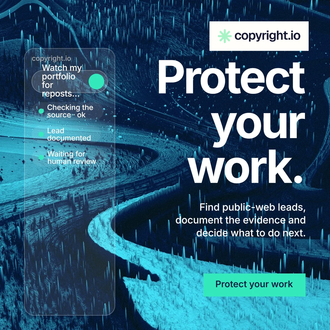 Instagram post for copyright.io: "Protect your work." Swiss style, right layout, dark palette in teal, black, blue.