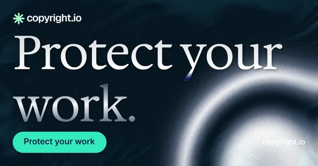 Social ad for copyright.io: "Protect your work." Y2K style, poster layout, dark palette in black, grey, blue.