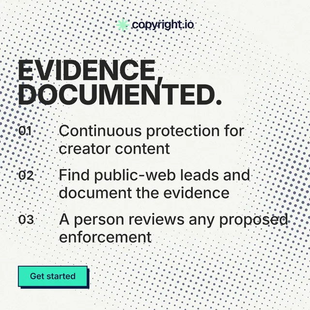Instagram post for copyright.io: "Evidence, documented." Brutalist style, numbered layout, light palette in white, grey.