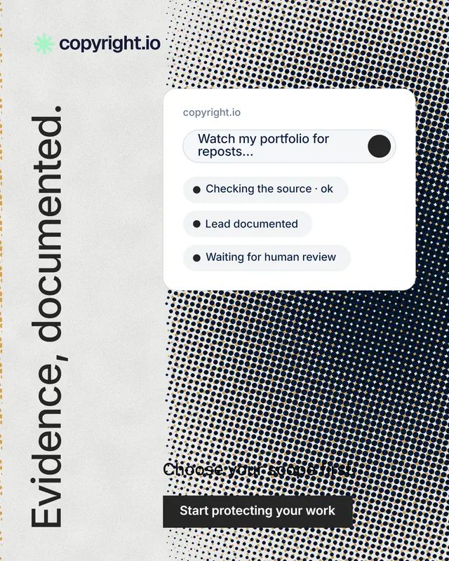 Instagram portrait post for copyright.io: "Evidence, documented." Swiss style, vertical layout, light palette in white, grey.