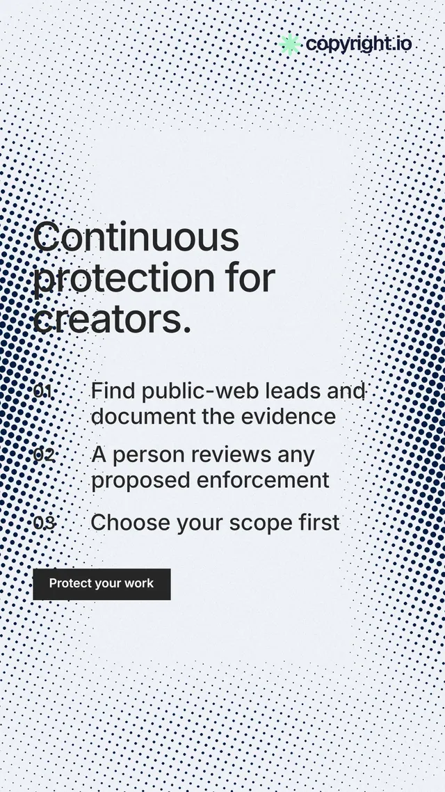 Instagram story for copyright.io: "Continuous protection for creators." Swiss style, numbered layout, light palette in blue, white, grey.