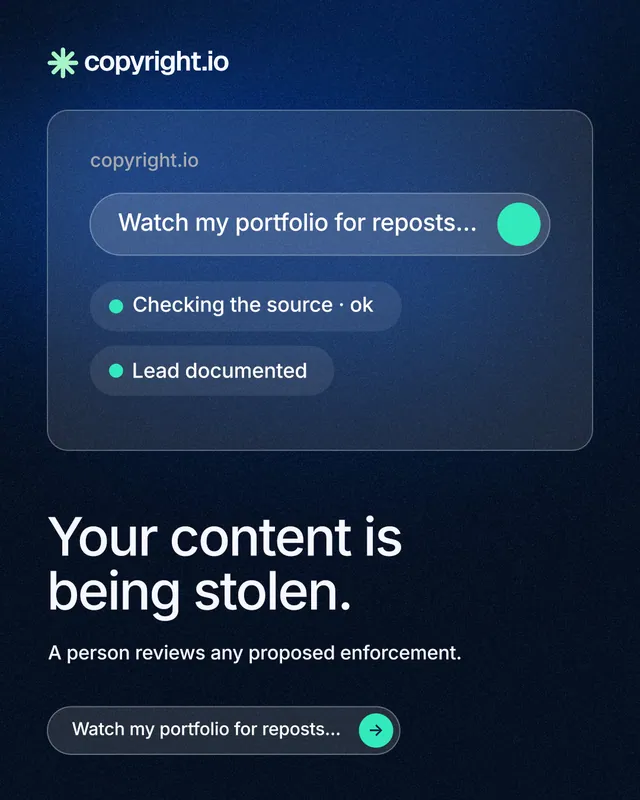 Instagram portrait post for copyright.io: "Your content is being stolen." Agentic glass style, bottom layout, dark palette in blue, black.