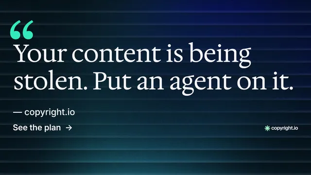 Landscape graphic for copyright.io: "Reposts don't remove themselves." Minimal luxury style, quote layout, dark palette in blue, black, grey.