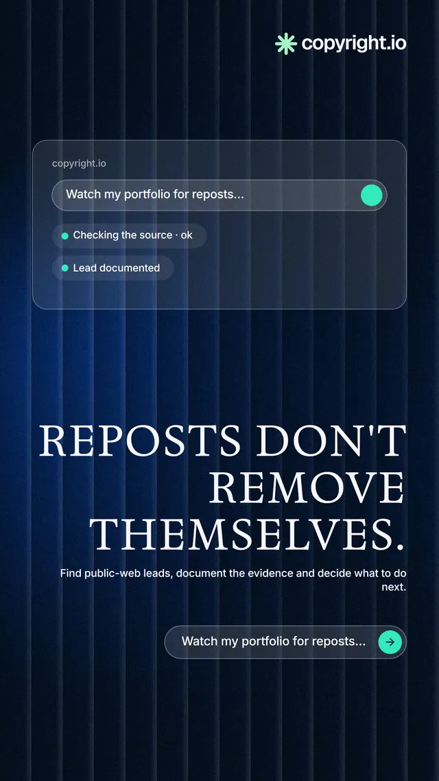 Instagram story for copyright.io: "Reposts don't remove themselves." Agentic glass style, right layout, dark palette in black, blue.