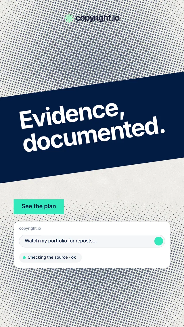 Instagram story for copyright.io: "Evidence, documented." Swiss style, diagonal layout, light palette in grey, blue, white.