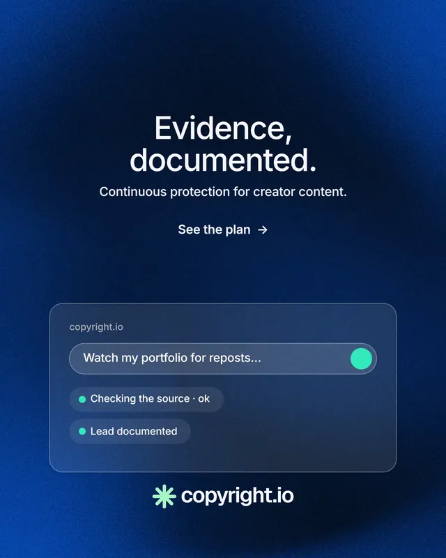 Instagram portrait post for copyright.io: "Evidence, documented." Minimal luxury style, centred layout, dark palette in blue, black.