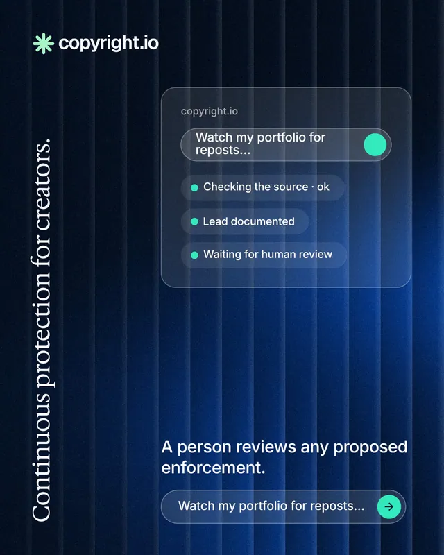 Instagram portrait post for copyright.io: "Continuous protection for creators." Agentic glass style, vertical layout, dark palette in black, blue.