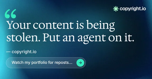 Social ad for copyright.io: "Evidence, documented." Agentic glass style, quote layout, dark palette in blue, black, teal.