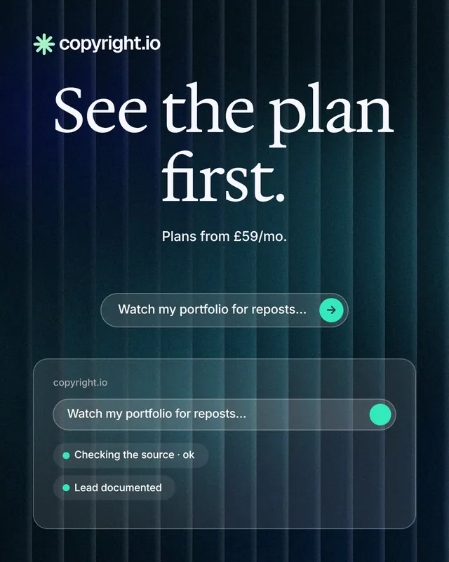 Instagram portrait post for copyright.io: "See the plan first." Agentic glass style, centred layout, dark palette in black, blue, grey.