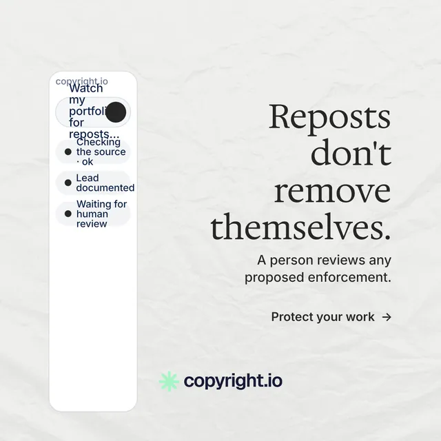 Instagram post for copyright.io: "Reposts don't remove themselves." Minimal luxury style, right layout, light palette in white, grey.