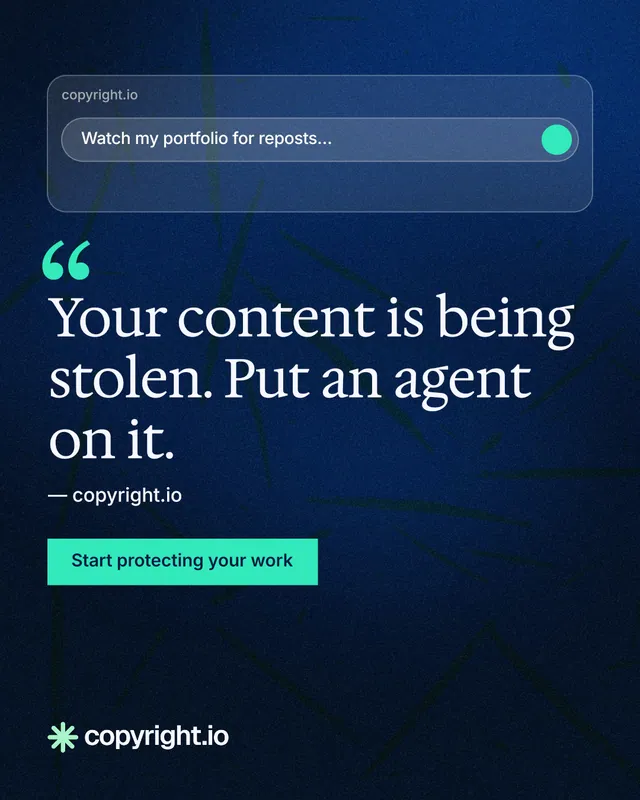 Instagram portrait post for copyright.io: "Put an agent on it." Swiss style, quote layout, dark palette in blue, black.