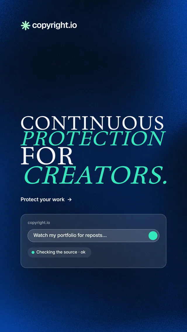 Instagram story for copyright.io: "Continuous protection for creators." Minimal luxury style, stacked layout, dark palette in blue, black.