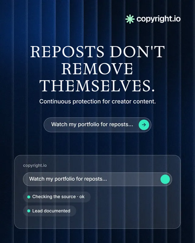 Instagram portrait post for copyright.io: "Reposts don't remove themselves." Agentic glass style, centred layout, dark palette in blue, black.