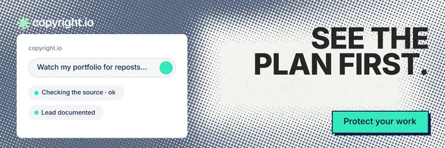 X header for copyright.io: "See the plan first." Brutalist style, right layout, light palette in grey, white, teal.