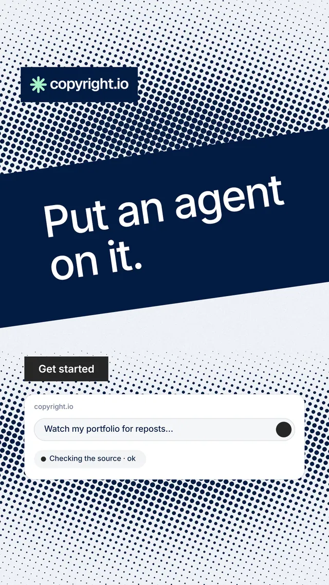 Instagram story for copyright.io: "Put an agent on it." Swiss style, diagonal layout, light palette in blue, white, grey.