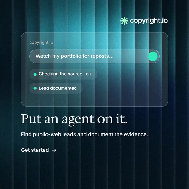 Instagram post for copyright.io: "Put an agent on it." Minimal luxury style, bottom layout, dark palette in blue, teal, black.