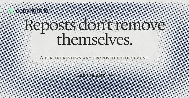 Social ad for copyright.io: "Reposts don't remove themselves." Swiss style, smallcaps layout, light palette in white, grey.