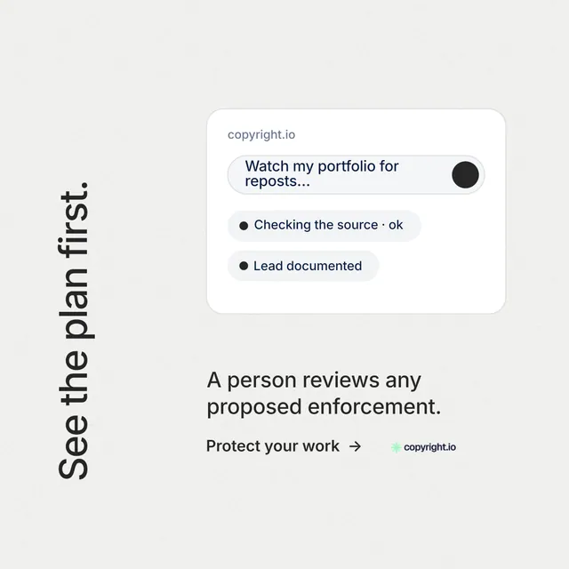 Instagram post for copyright.io: "See the plan first." Minimal luxury style, vertical layout, light palette in white.