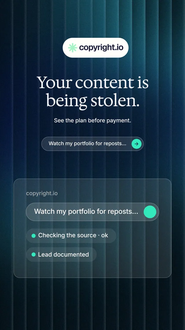 Instagram story for copyright.io: "Your content is being stolen." Agentic glass style, centred layout, dark palette in blue, black, grey.