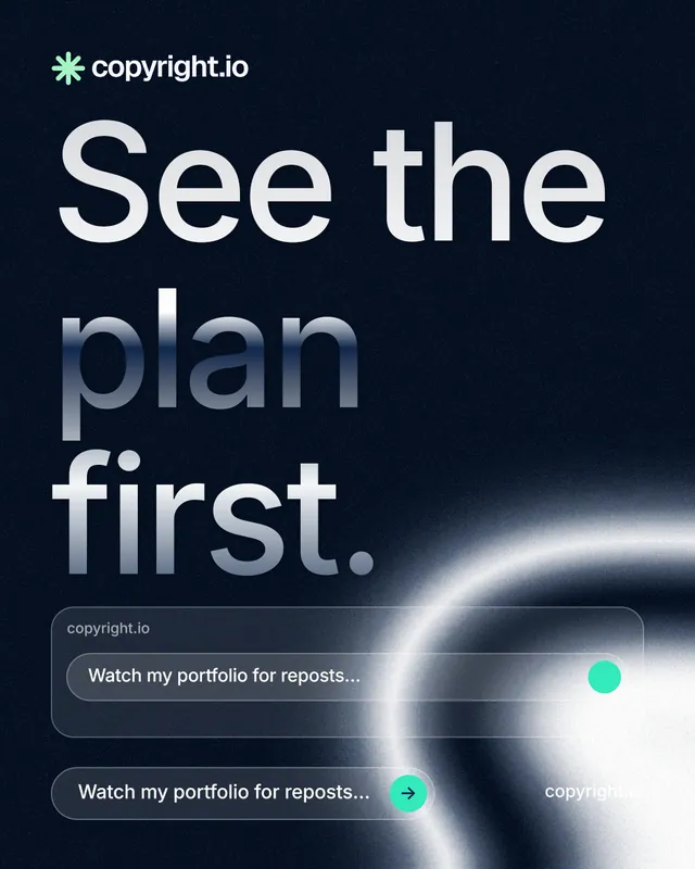 Instagram portrait post for copyright.io: "See the plan first." Agentic glass style, poster layout, dark palette in black, blue, grey.