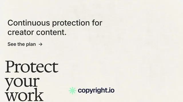 Landscape graphic for copyright.io: "Protect your work." Minimal luxury style, oversized layout, light palette in white, grey.