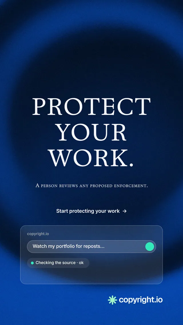 Instagram story for copyright.io: "Protect your work." Minimal luxury style, smallcaps layout, dark palette in blue, black.
