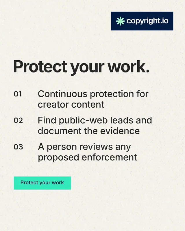 Instagram portrait post for copyright.io: "Protect your work." Swiss style, numbered layout, light palette in white, grey.