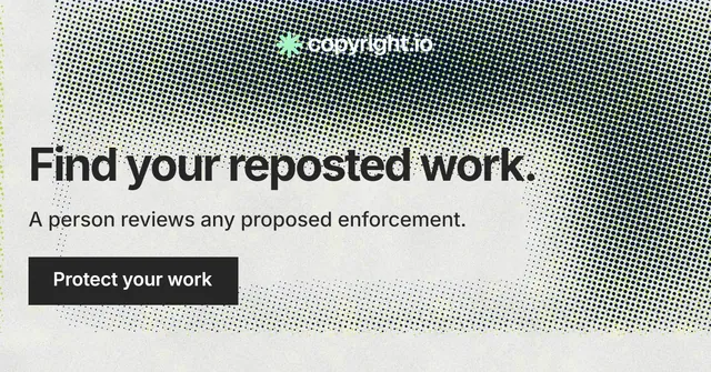 Social ad for copyright.io: "Find your reposted work." Swiss style, skeleton layout, light palette in grey, white.