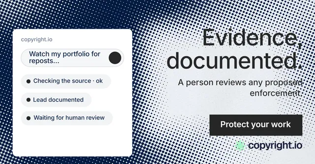 Social ad for copyright.io: "Evidence, documented." Split block style, right layout, light palette in grey, blue, white.